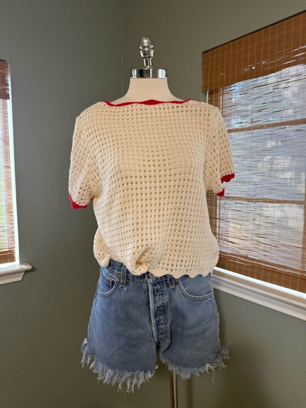 Maeve Cream Crochet Short Sleeve Top with Red Trim